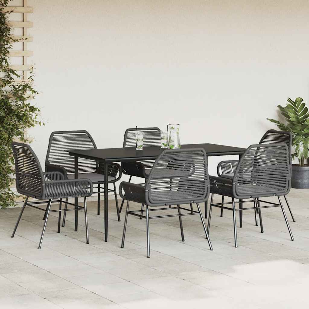 Set Pranzo da Giardino 7 pz Nero con Cuscini Polyrattan Vetro