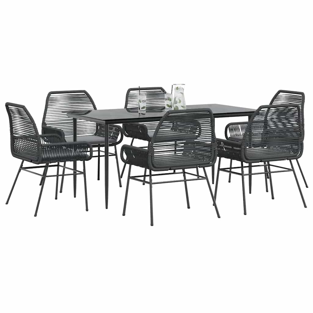 Set Pranzo da Giardino 7 pz Nero con Cuscini Polyrattan Vetro
