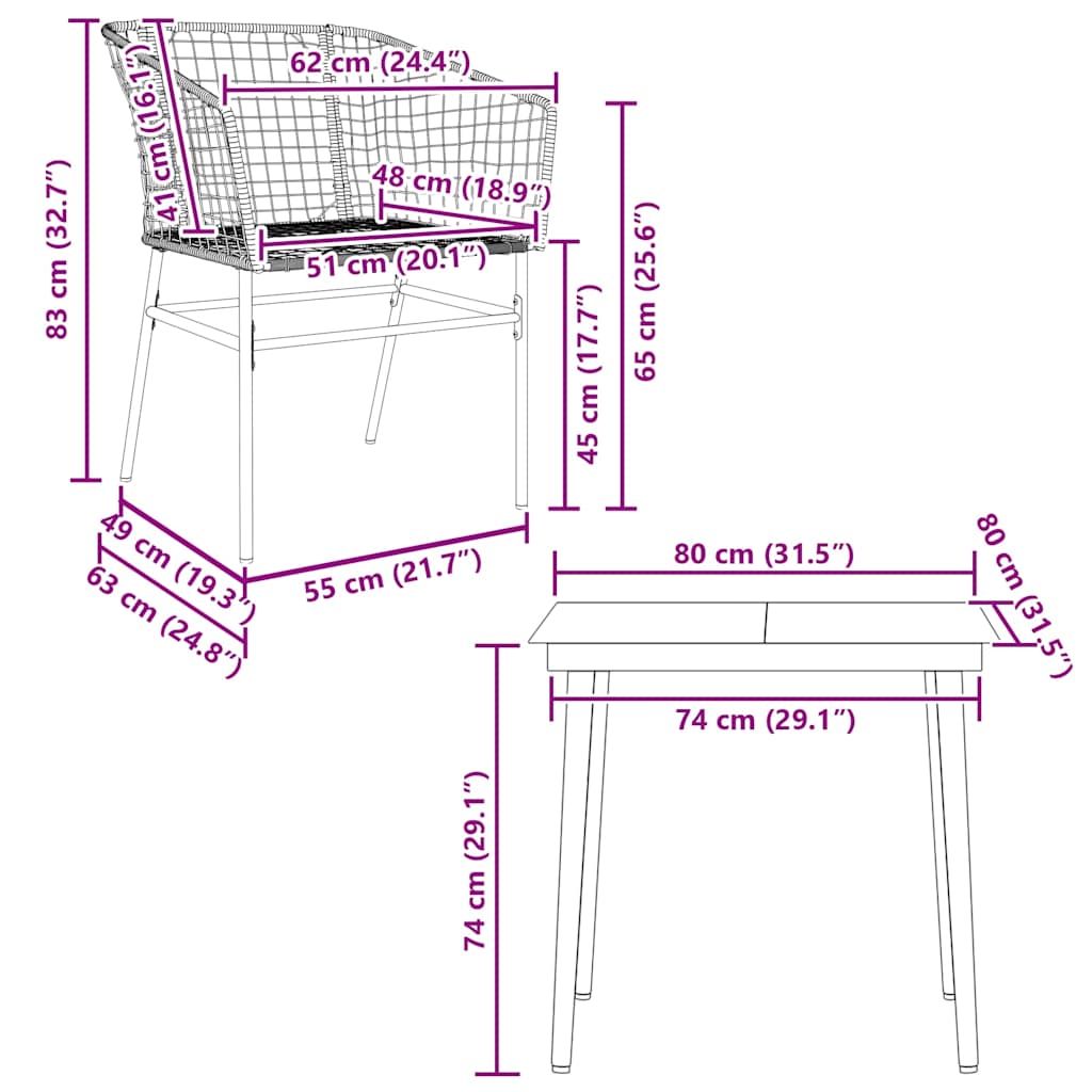 Set da Pranzo da Giardino 3 pz Marrone in Polyrattan Vetro | homemem39