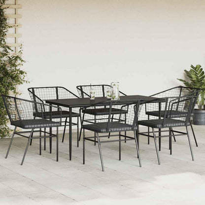 Set Pranzo da Giardino 7 pz Nero con Cuscini Polyrattan Vetro