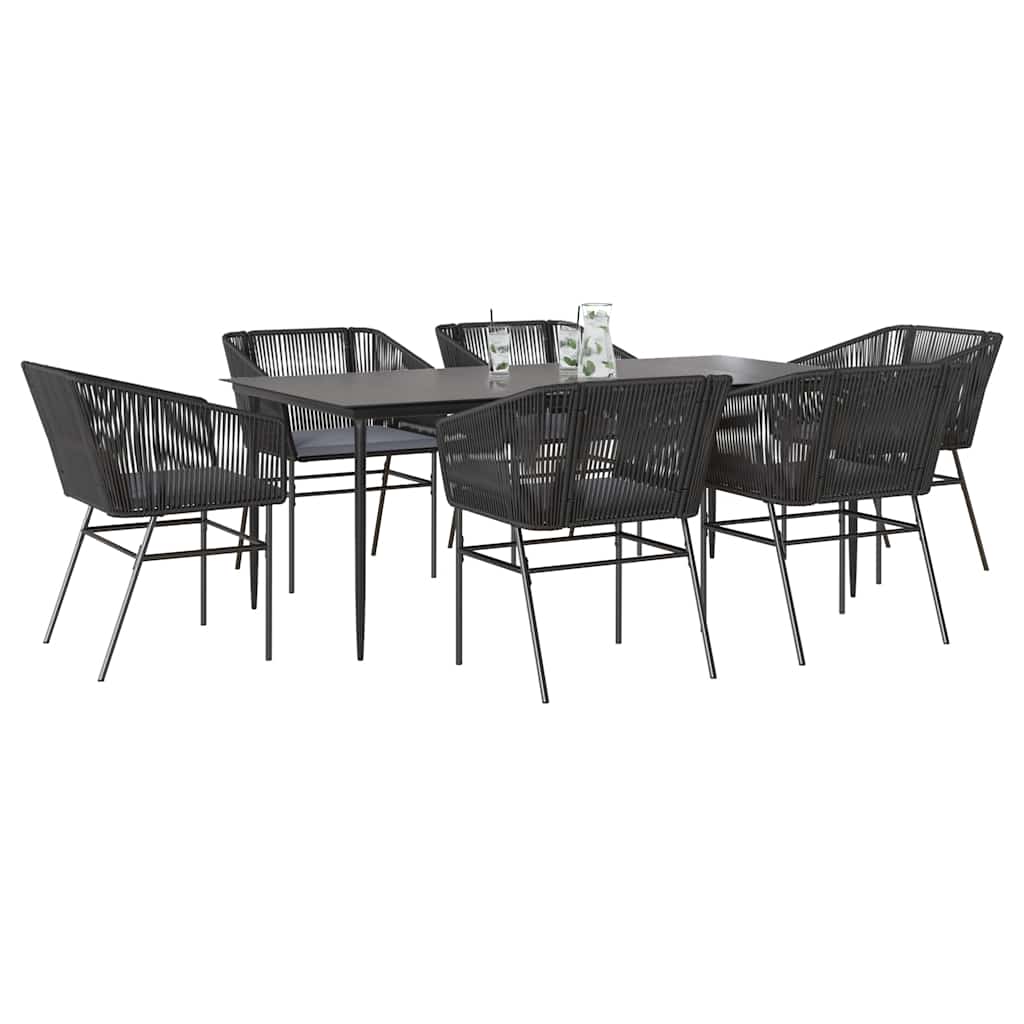 Set Pranzo da Giardino 7 pz Nero con Cuscini Polyrattan Vetro - homemem39