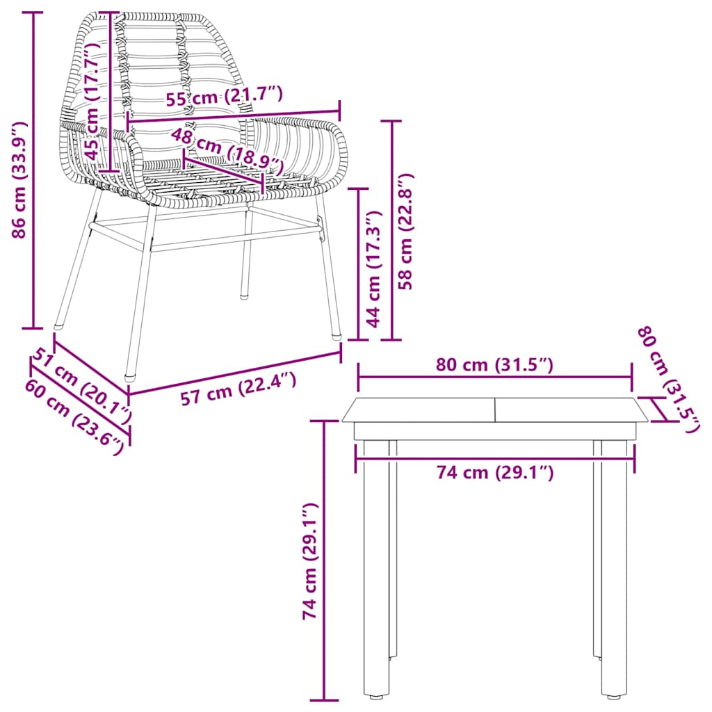 Set da Pranzo da Giardino 3 pz Marrone in Polyrattan Vetro | homemem39