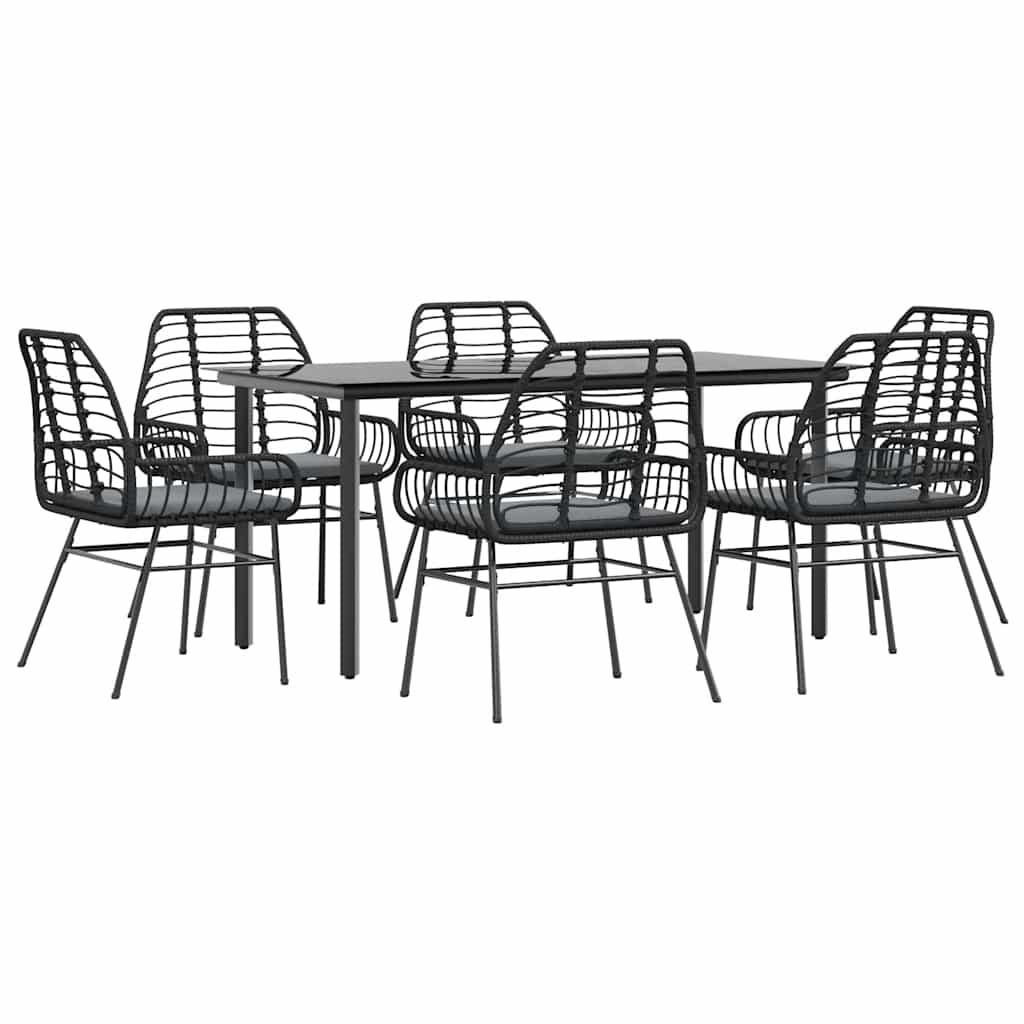 Set Pranzo da Giardino 7 pz Nero con Cuscini Polyrattan Vetro | homemem39