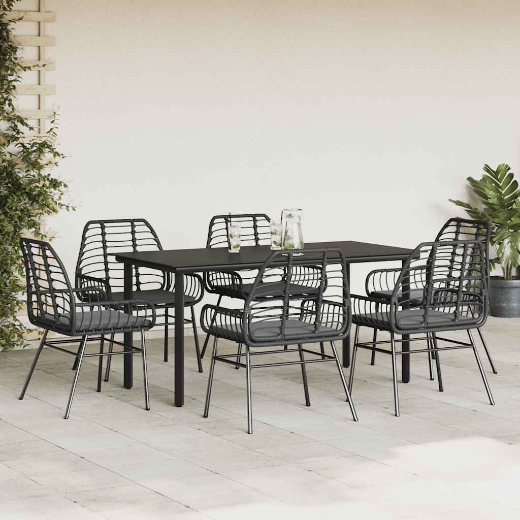 Set Pranzo da Giardino 7 pz Nero con Cuscini Polyrattan Vetro | homemem39