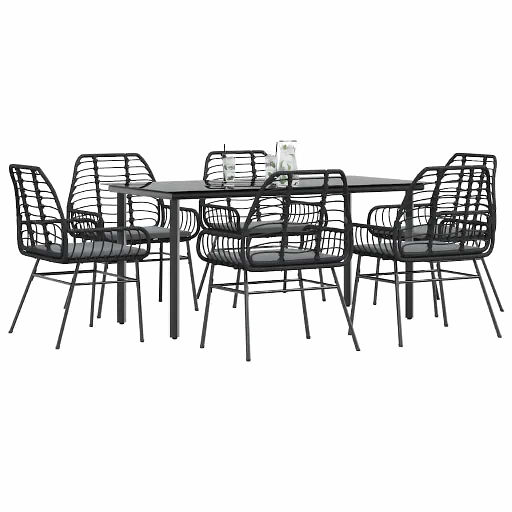 Set Pranzo da Giardino 7 pz Nero con Cuscini Polyrattan Vetro | homemem39