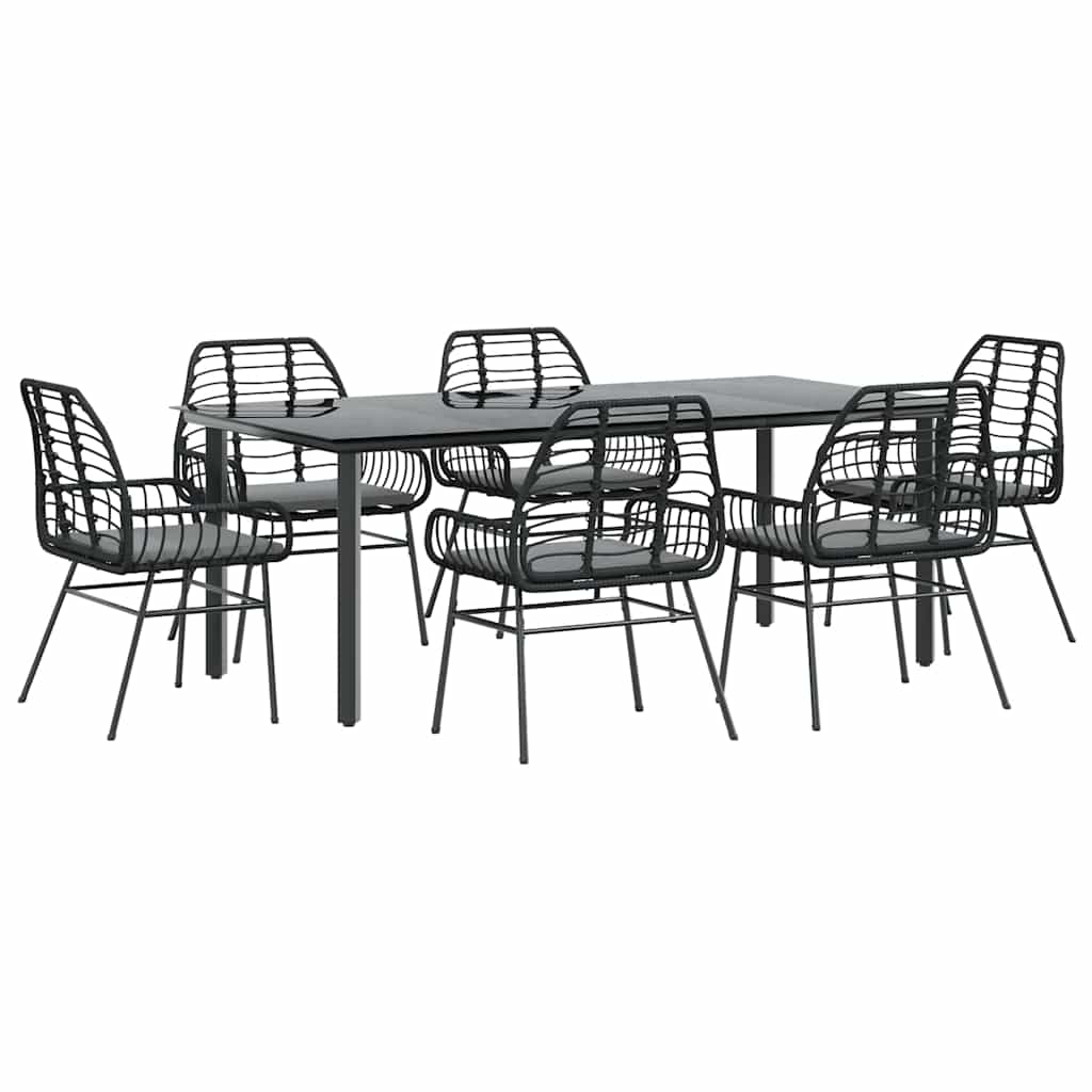 Set Pranzo da Giardino 7 pz Nero con Cuscini Polyrattan Vetro | homemem39