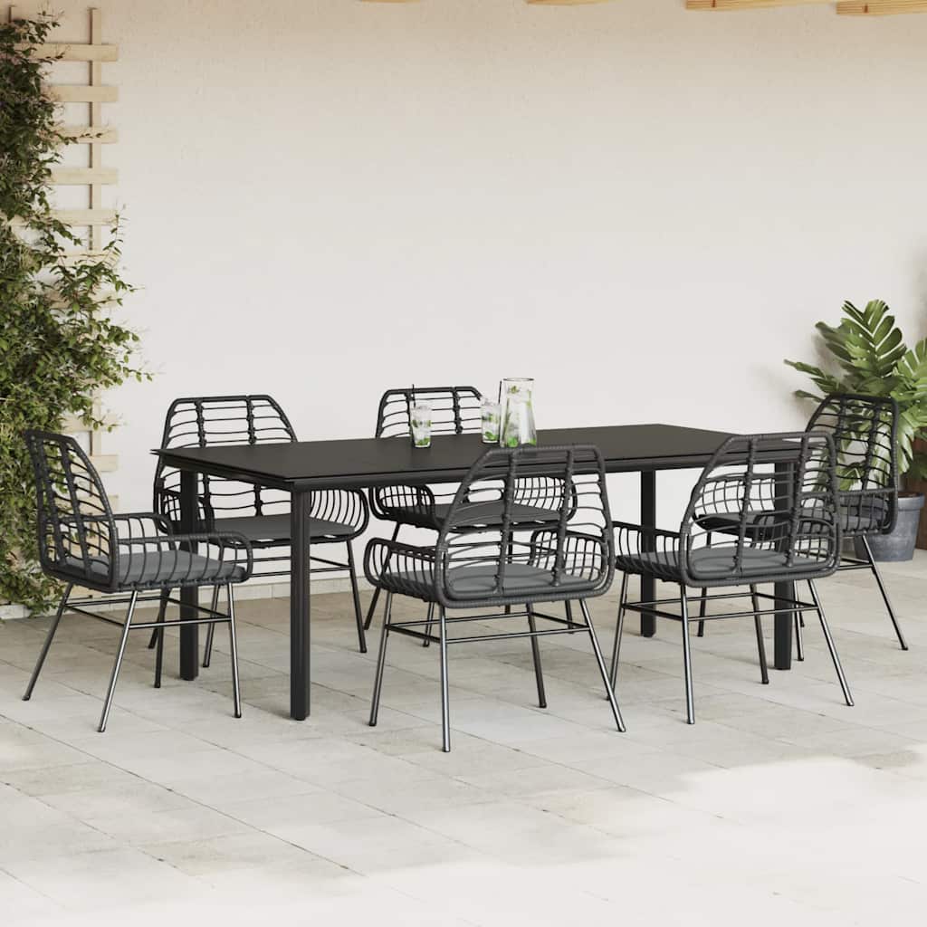 Set Pranzo da Giardino 7 pz Nero con Cuscini Polyrattan Vetro | homemem39