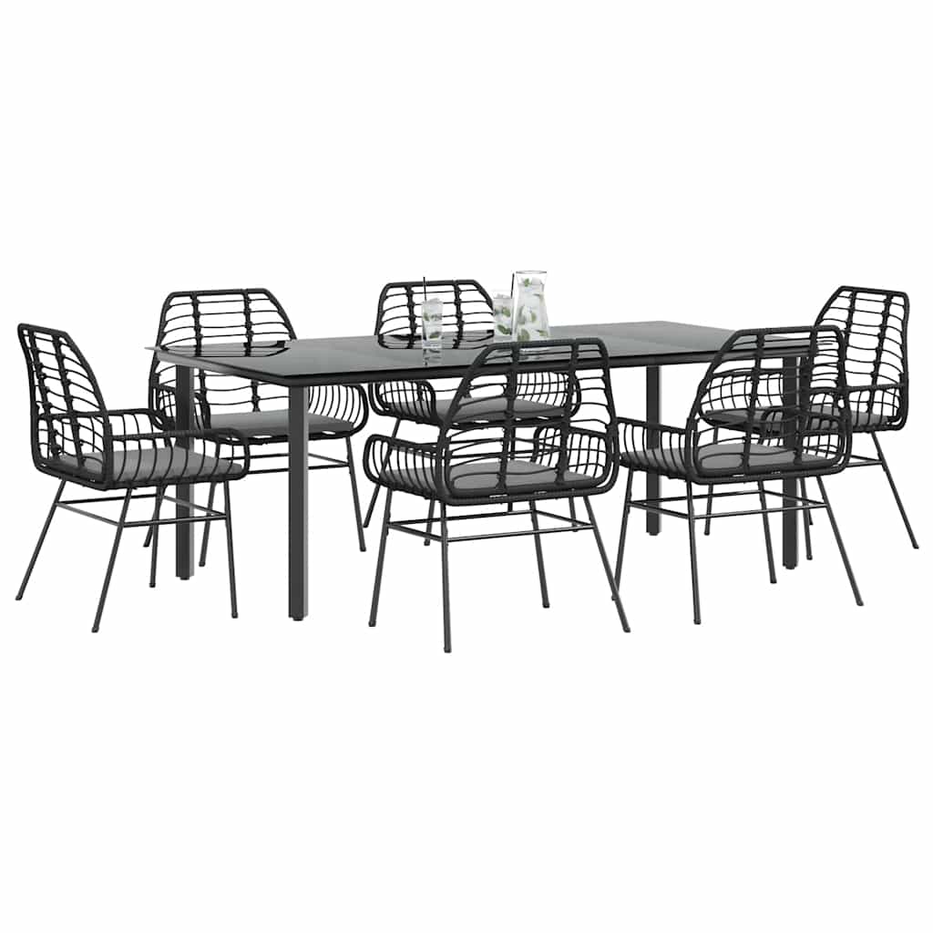 Set Pranzo da Giardino 7 pz Nero con Cuscini Polyrattan Vetro | homemem39