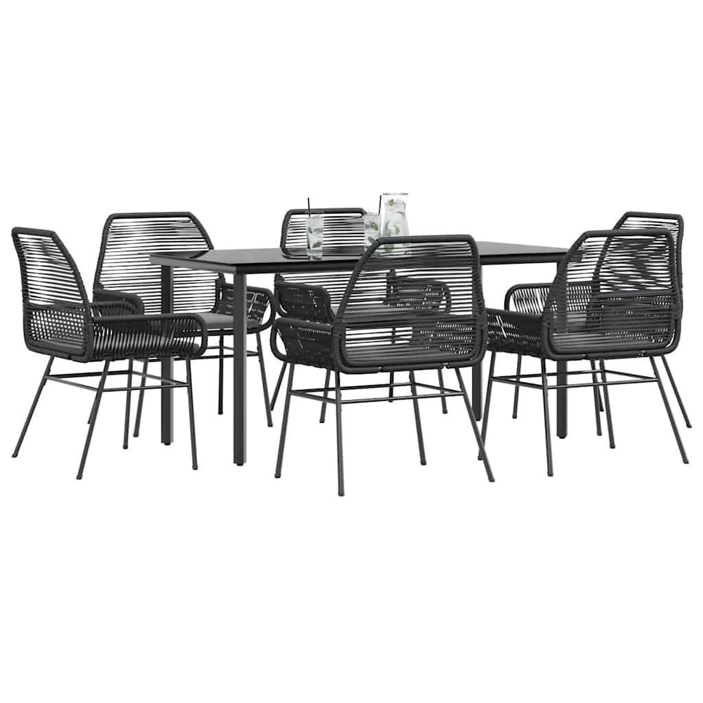 Set Pranzo da Giardino 7 pz Nero con Cuscini Polyrattan Vetro