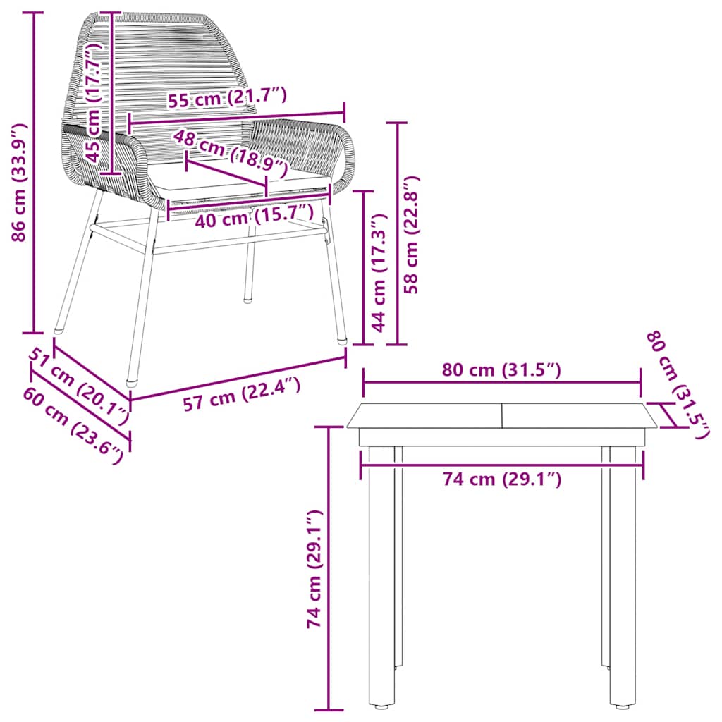 Set da Pranzo da Giardino 3pz con Cuscini Polyrattan Vetro | homemem39