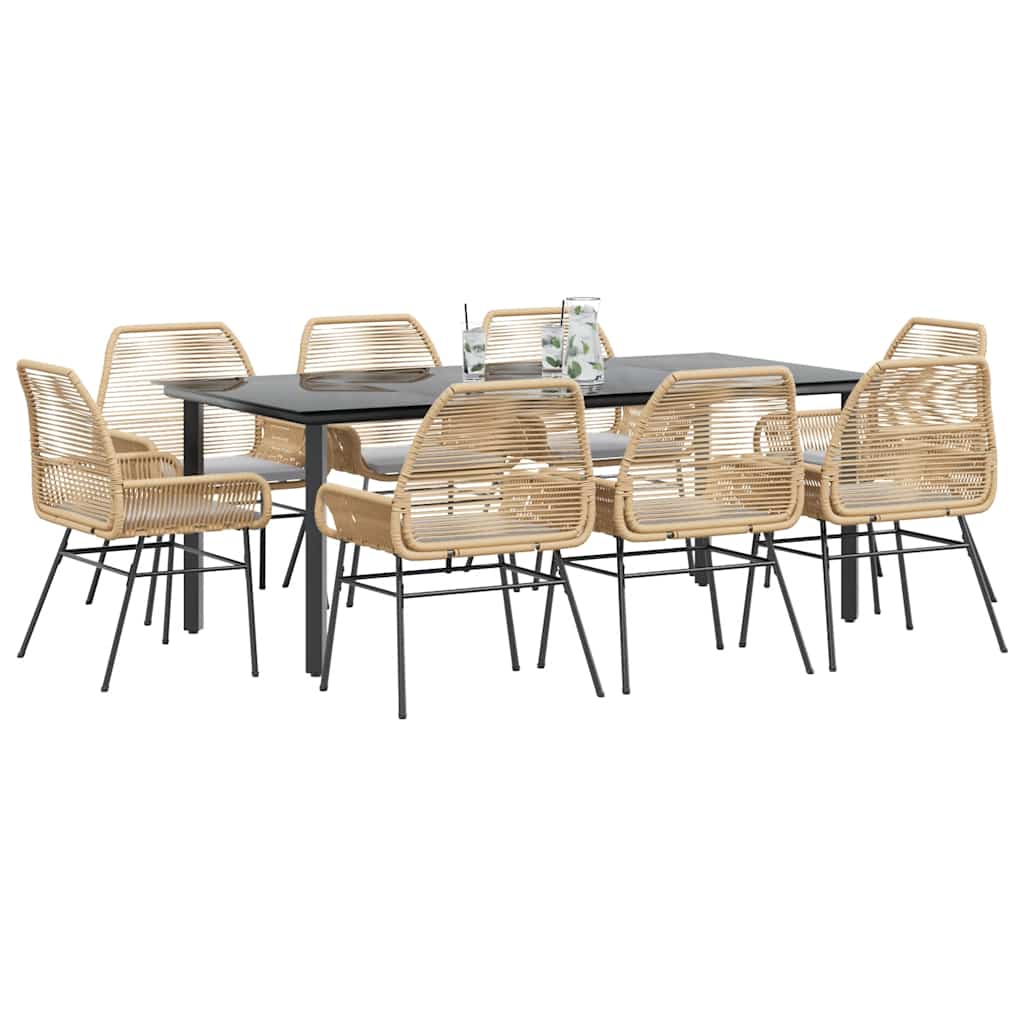 Set da Pranzo da Giardino 9 pz con Cuscini Polyrattan Vetro