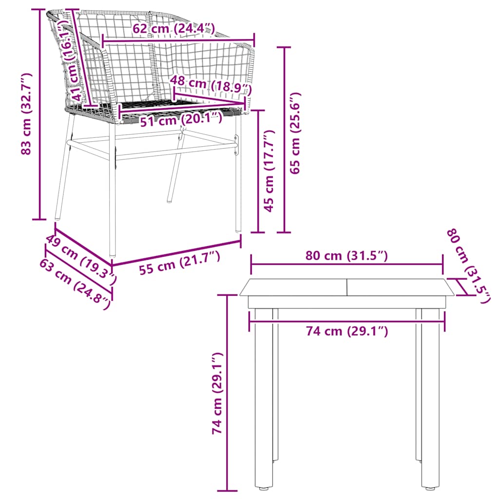 Set da Pranzo da Giardino 3 pz Marrone in Polyrattan Vetro | homemem39
