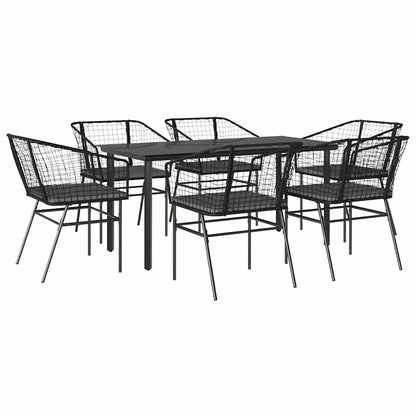 Set Pranzo da Giardino 7 pz Nero con Cuscini Polyrattan Vetro | homemem39