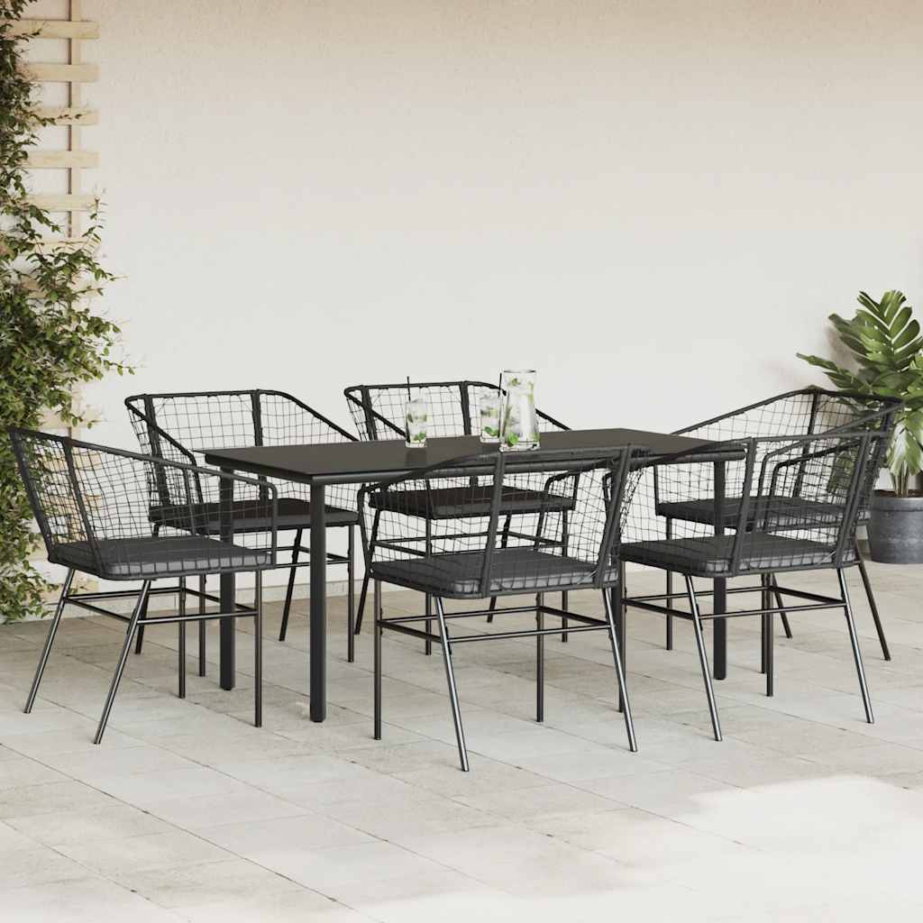 Set Pranzo da Giardino 7 pz Nero con Cuscini Polyrattan Vetro | homemem39