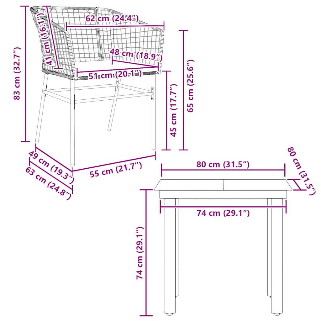 Set da Pranzo da Giardino 3pz con Cuscini Polyrattan Vetro | homemem39