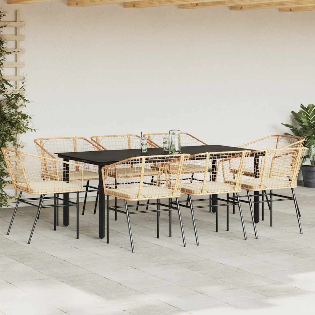 Set da Pranzo da Giardino 9 pz con Cuscini Polyrattan Vetro | homemem39