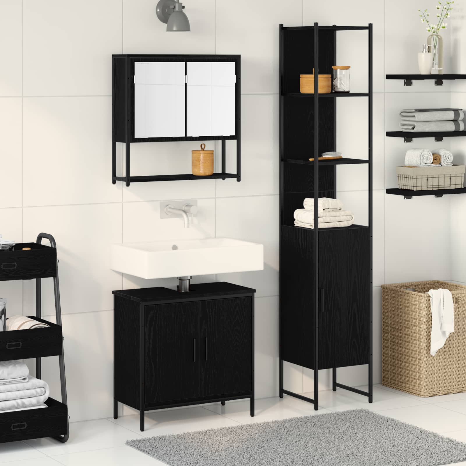 Set di mobili per il bagno 3 pcs Nero Legno multistrato | homemem39