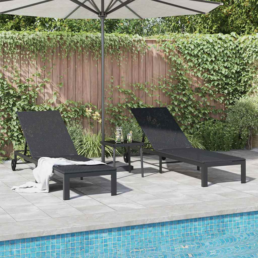 Lettino da Sole con cuscino 2-persona 3 pcs Nero polyrattan