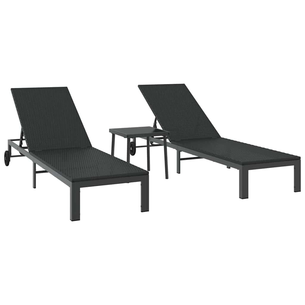 Lettino da Sole con cuscino 2-persona 3 pcs Nero polyrattan