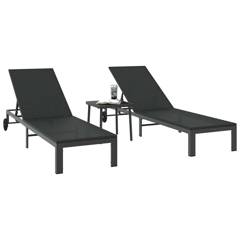 Lettino da Sole con cuscino 2-persona 3 pcs Nero polyrattan