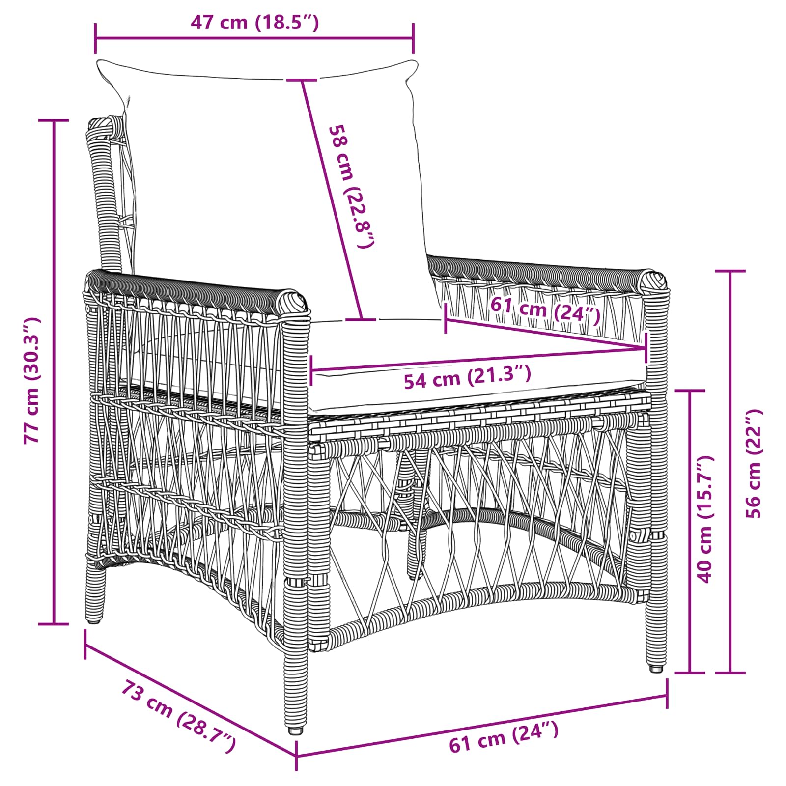Sedia da Giardino con cuscino Nero 73 x 61 x 77 cm polyrattan | homemem39