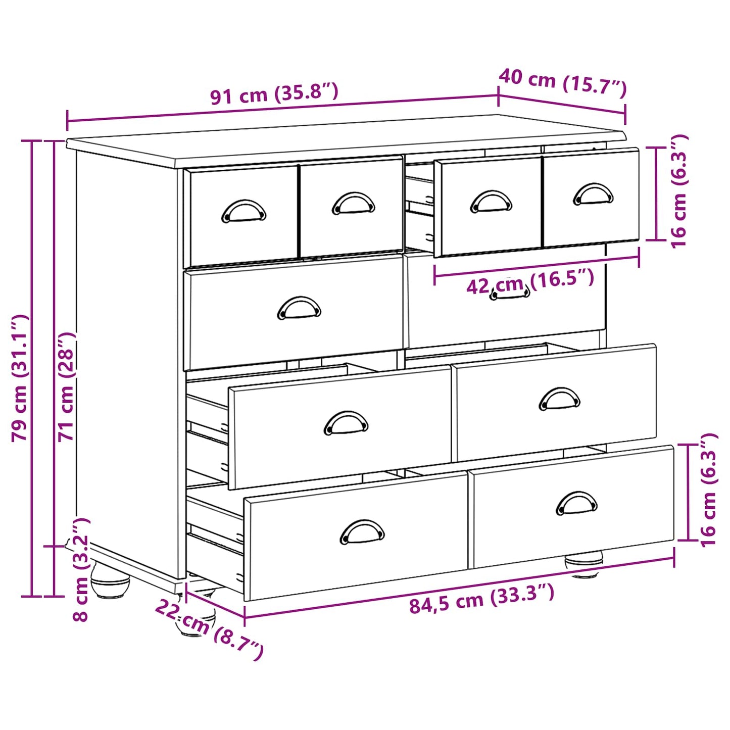 Cassettiera ASKIM Bianco 91 x 40 x 79 cm Legno massello di pino
