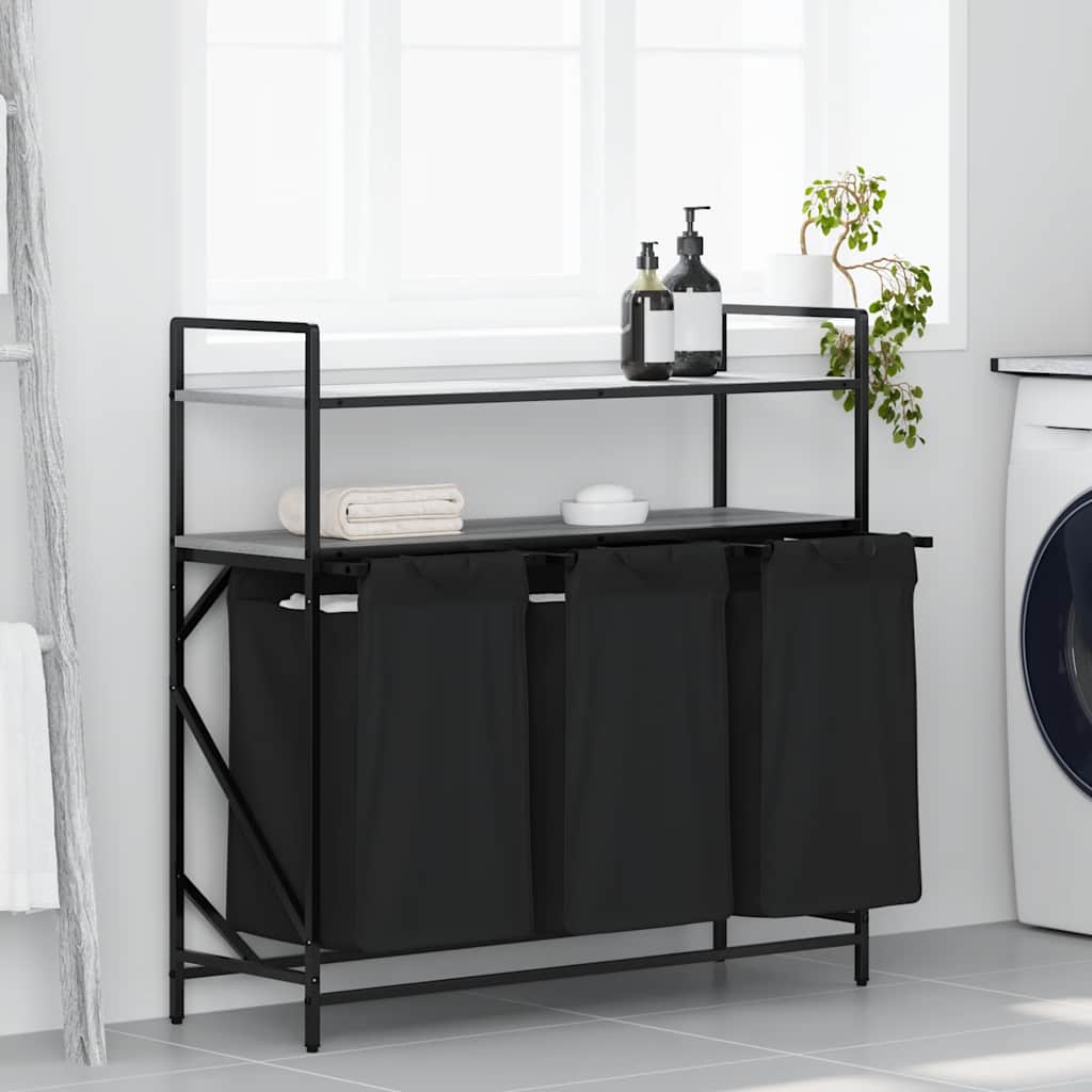 Cesto Portabiancheria 3 Scomparti con Ripiani Grigio Sonoma