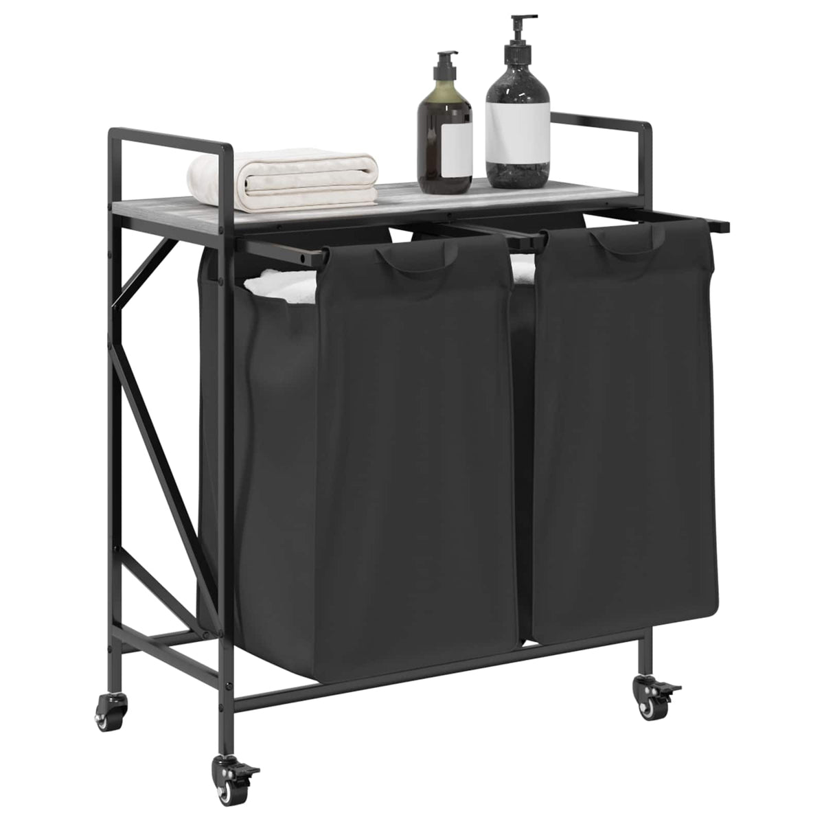 Cesto della Biancheria 2 Scomparti con Ruote Grigio Sonoma