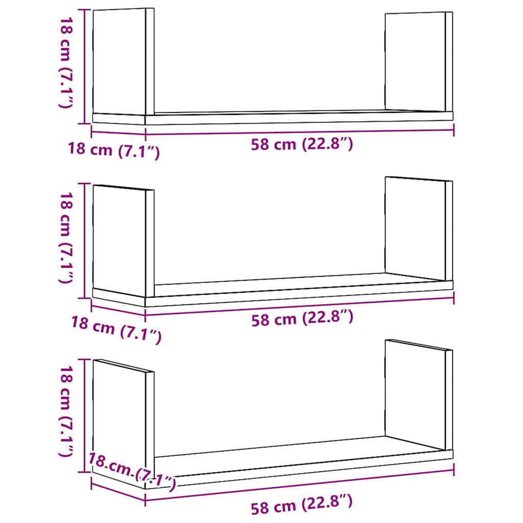 Mensole da Parete 3pz Rovere Nero 58x18x18 cm in Truciolato | homemem39