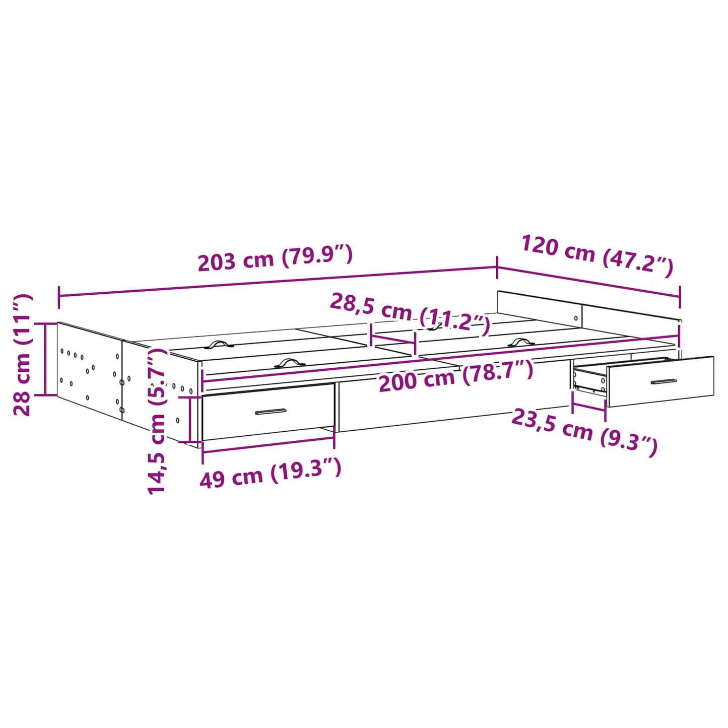 Struttura letto con contenitore Rovere artigianale 120 x 200 cm