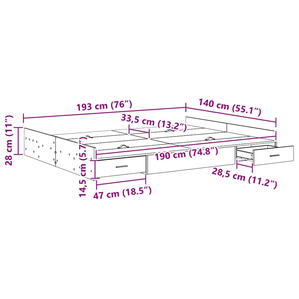 Struttura letto con contenitore Grigio cemento 140 x 190 cm