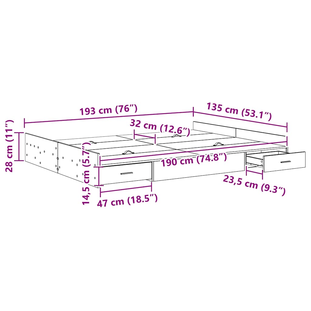 Struttura letto con contenitore Grigio Sonoma 135 x 190 cm