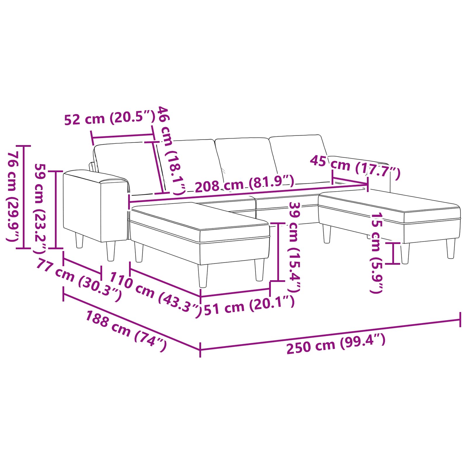 Divano per Soggiorno 3 pcs Grigio Nuvola 250 x 188 x 76 cm | homemem39