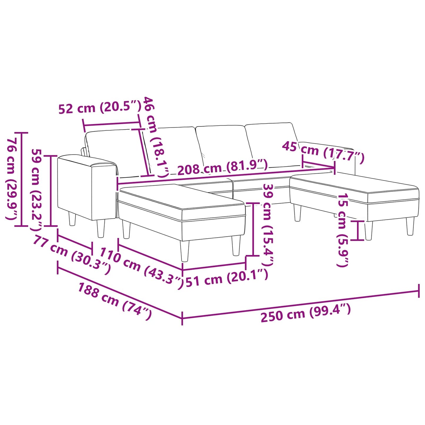 Divano Grigio scuro 250 x 188 x 76 cm Tessuto in Cords | homemem39