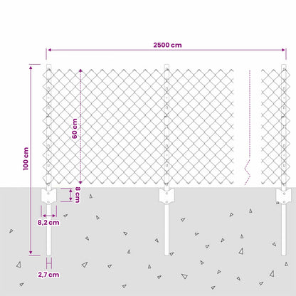 Recinzione a maglie metalliche con palo 25 x 0,6 m Grigio Rete