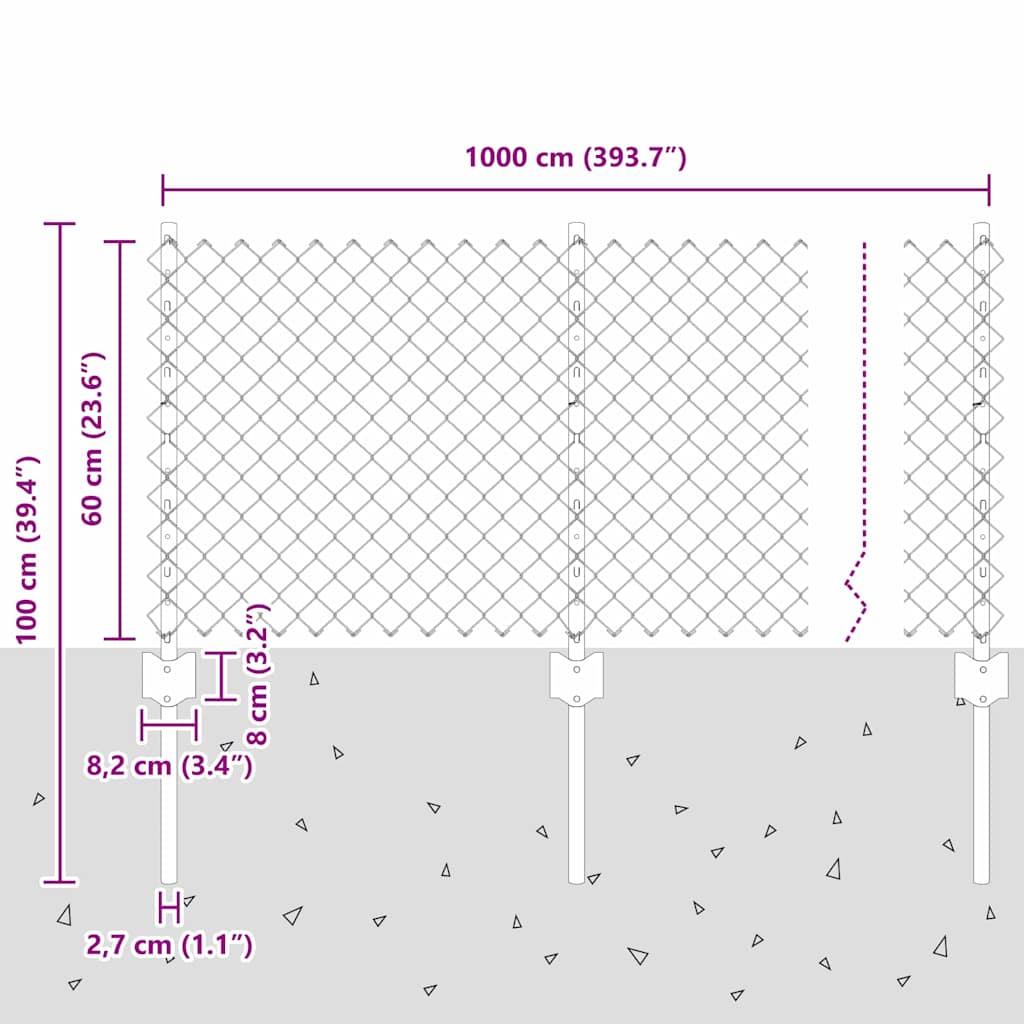 Recinzione a catena da esterno con palo 10 x 0,6 m Argento Rete