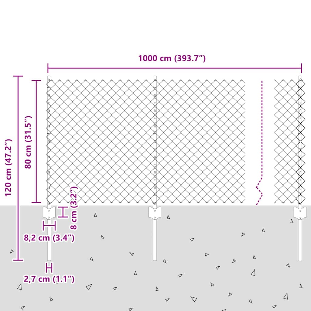 Recinzione a catena da esterno con palo 10 x 0,8 m Argento Rete