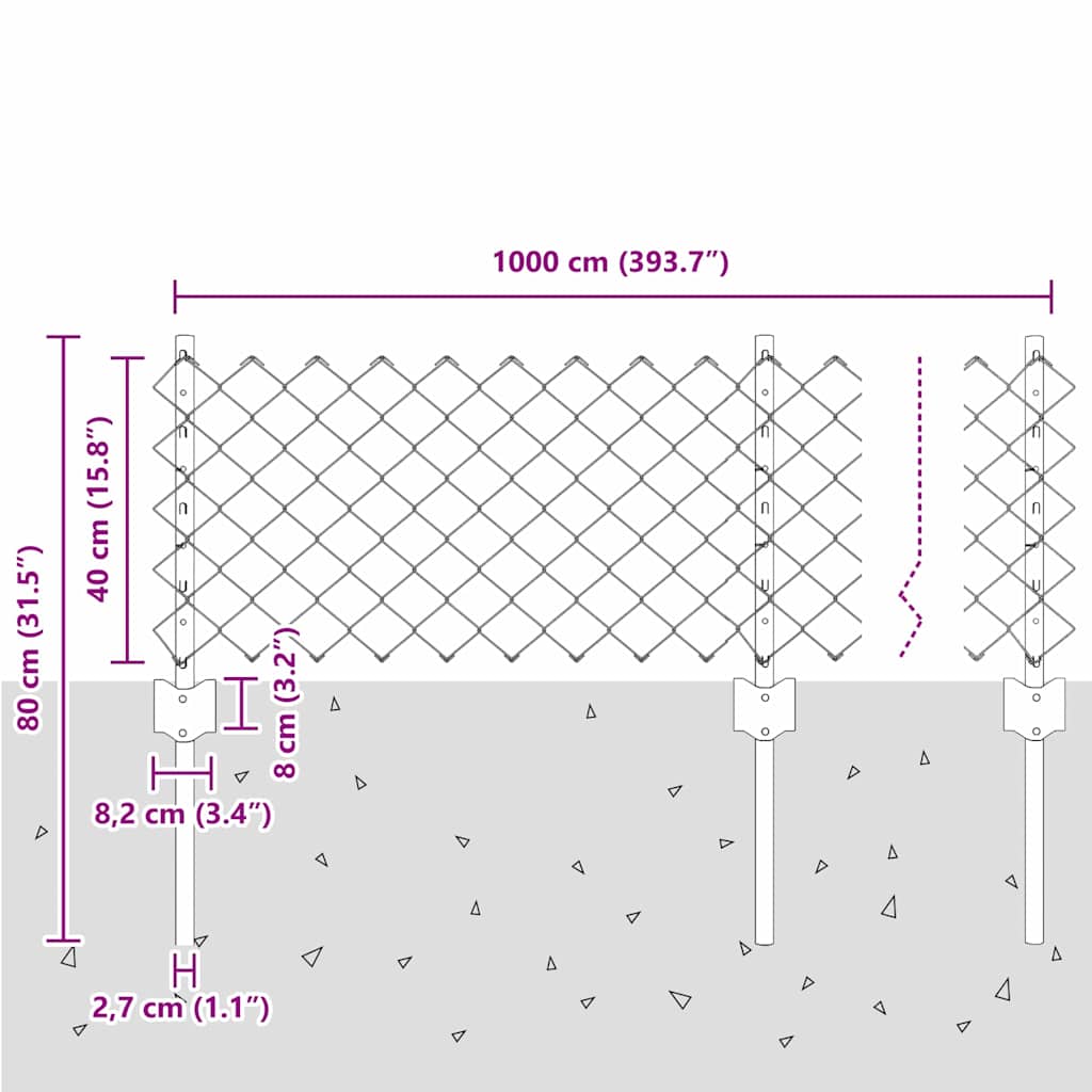 Recinzione a catena da esterno con palo 10 x 0,4 m Argento Rete