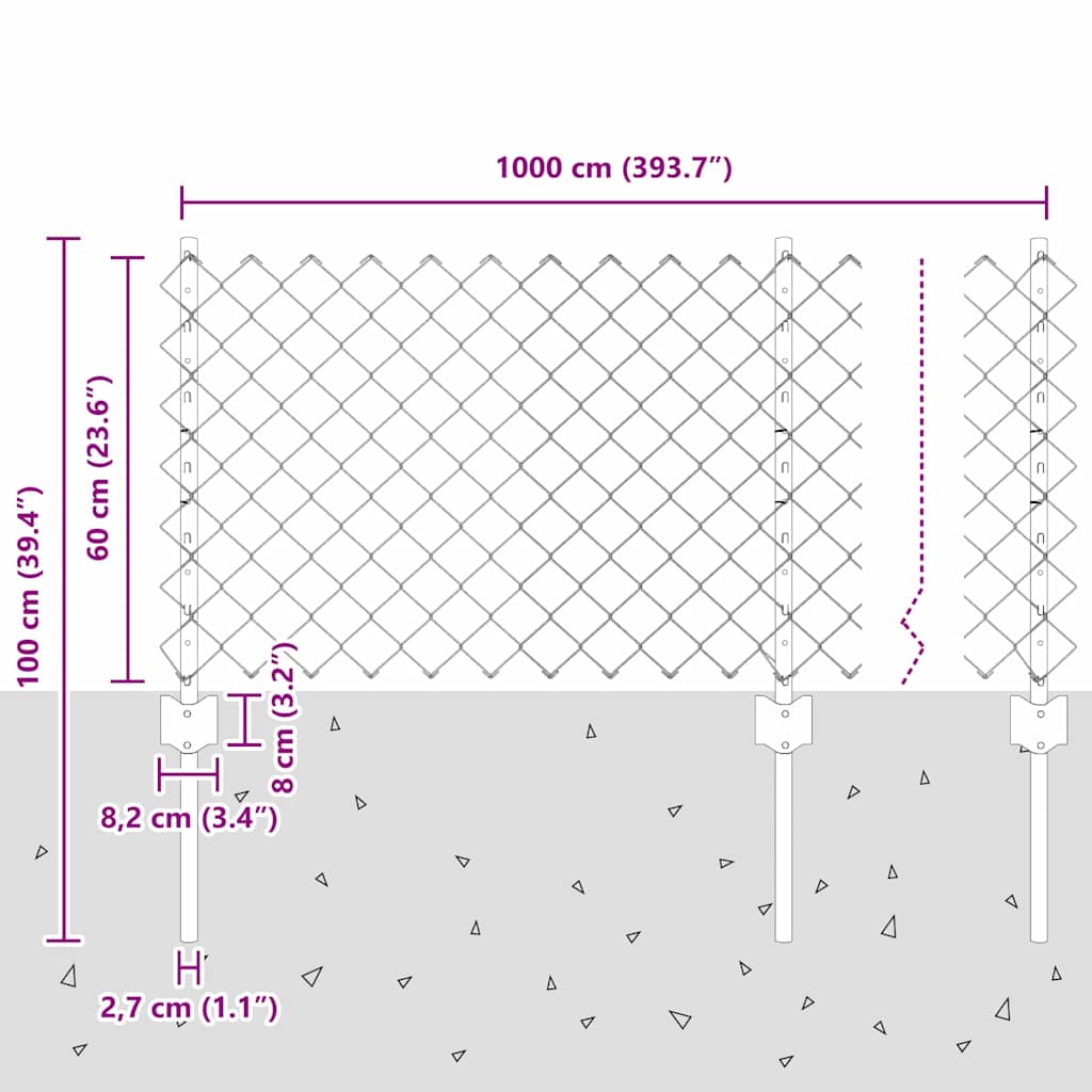 Recinzione a catena da esterno con palo 10 x 0,6 m Argento Rete