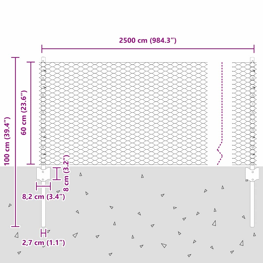 Recinzione esagonale da esterno con palo 25 x 0,6 m Grigio Rete