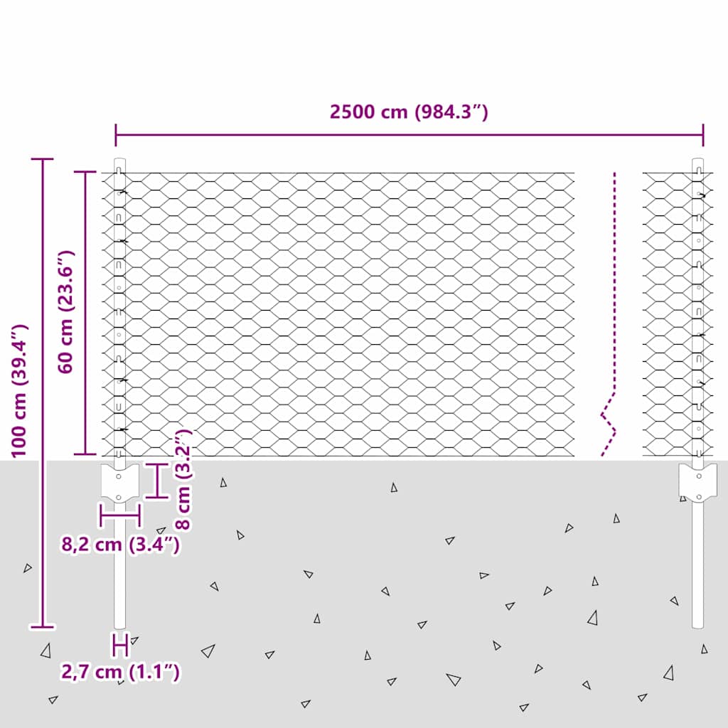 Recinzione esagonale da esterno con palo 25 x 0,6 m Grigio Rete