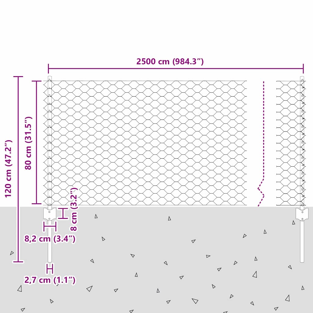 Recinzione esagonale da esterno con palo 25 x 0,8 m Grigio Rete