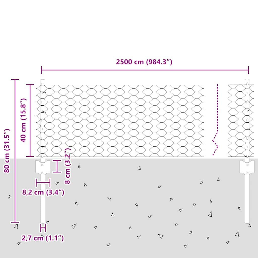 Recinzione esagonale da esterno con palo 25 x 0,4 m Argento