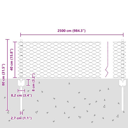 Recinzione esagonale da esterno con palo 25 x 0,4 m Argento