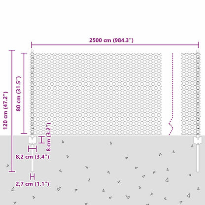 Recinzione esagonale da esterno con palo 25 x 0,8 m Argento