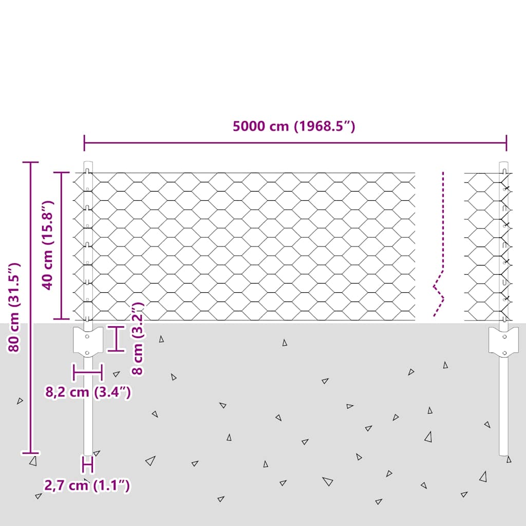 Recinzione esagonale da esterno con palo 50 x 0,4 m Argento