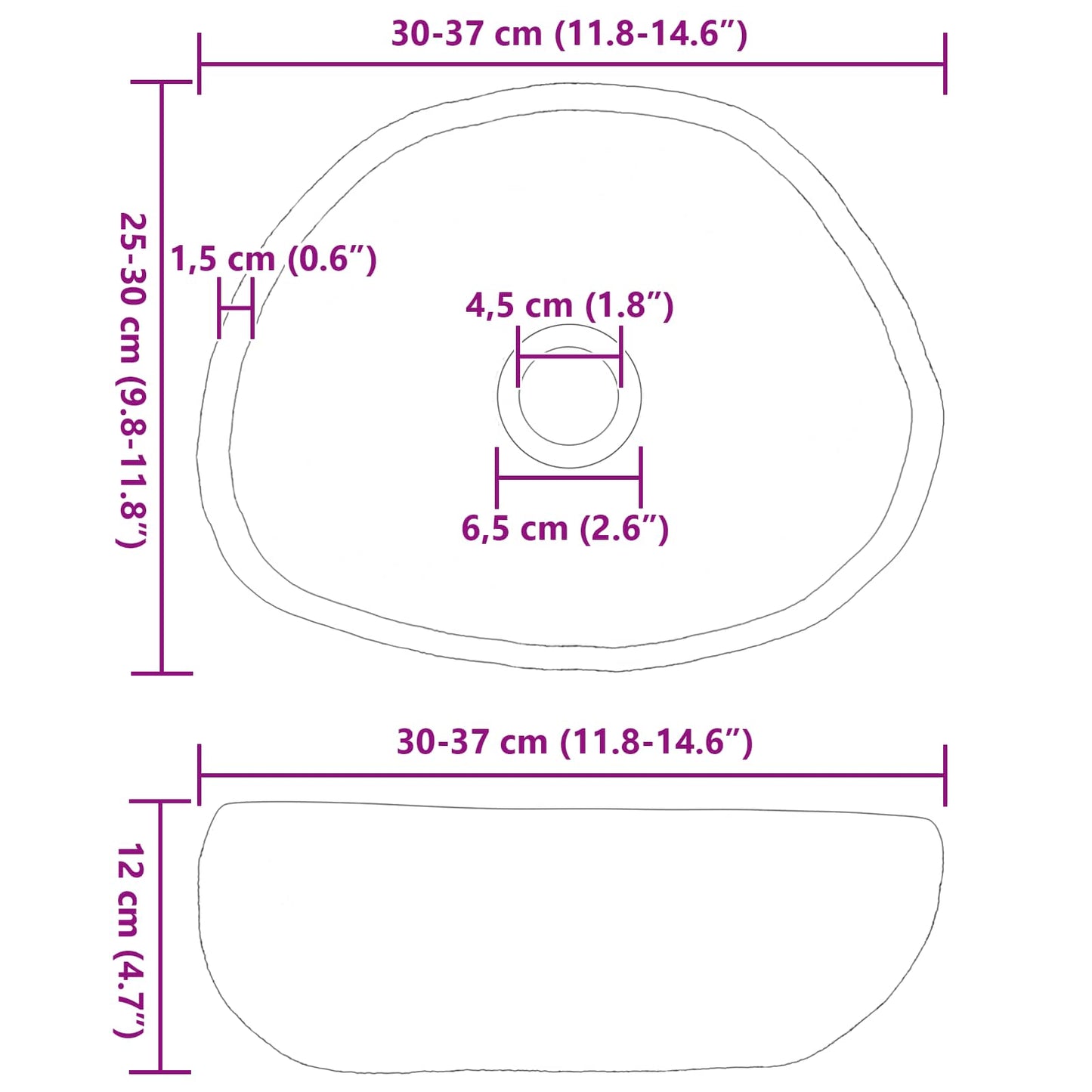 Basin in pietra fluviale (30-37) x (25-30) x 12 cm Pietra fiume