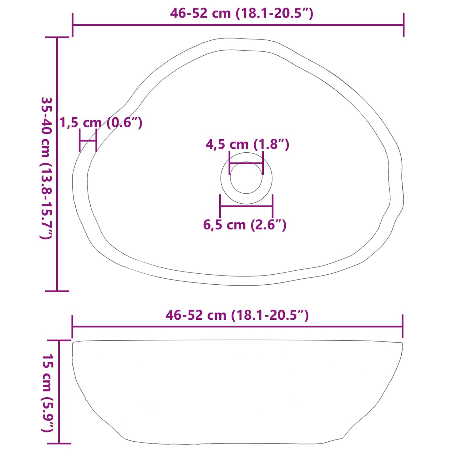Basin in pietra fluviale Grigio chiaro 52 x 40 x 15 cm