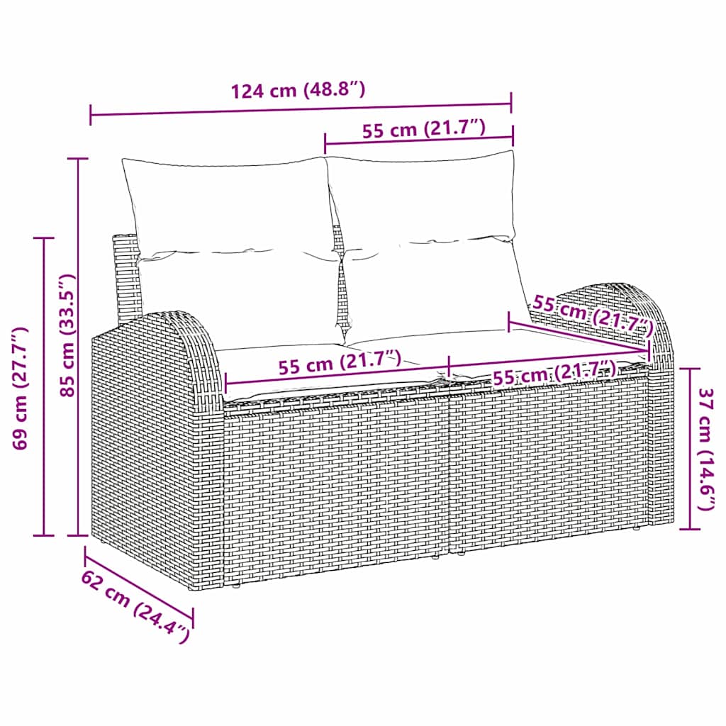 Divano da giardino con cuscino Nero 124 x 62 x 69cm polyrattan