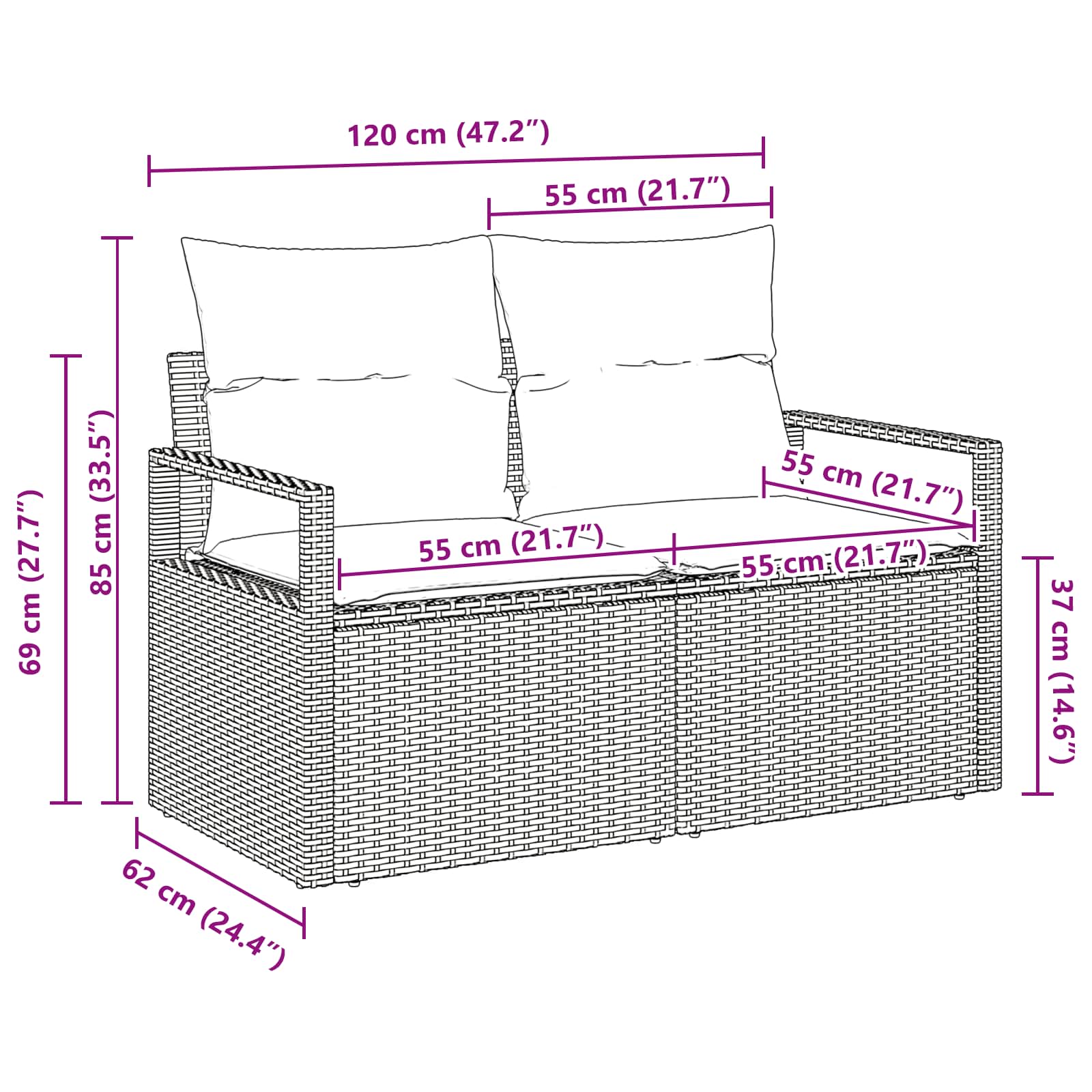 Divano da giardino con cuscino 120 x 62 x 69 cm. polyrattan | homemem39